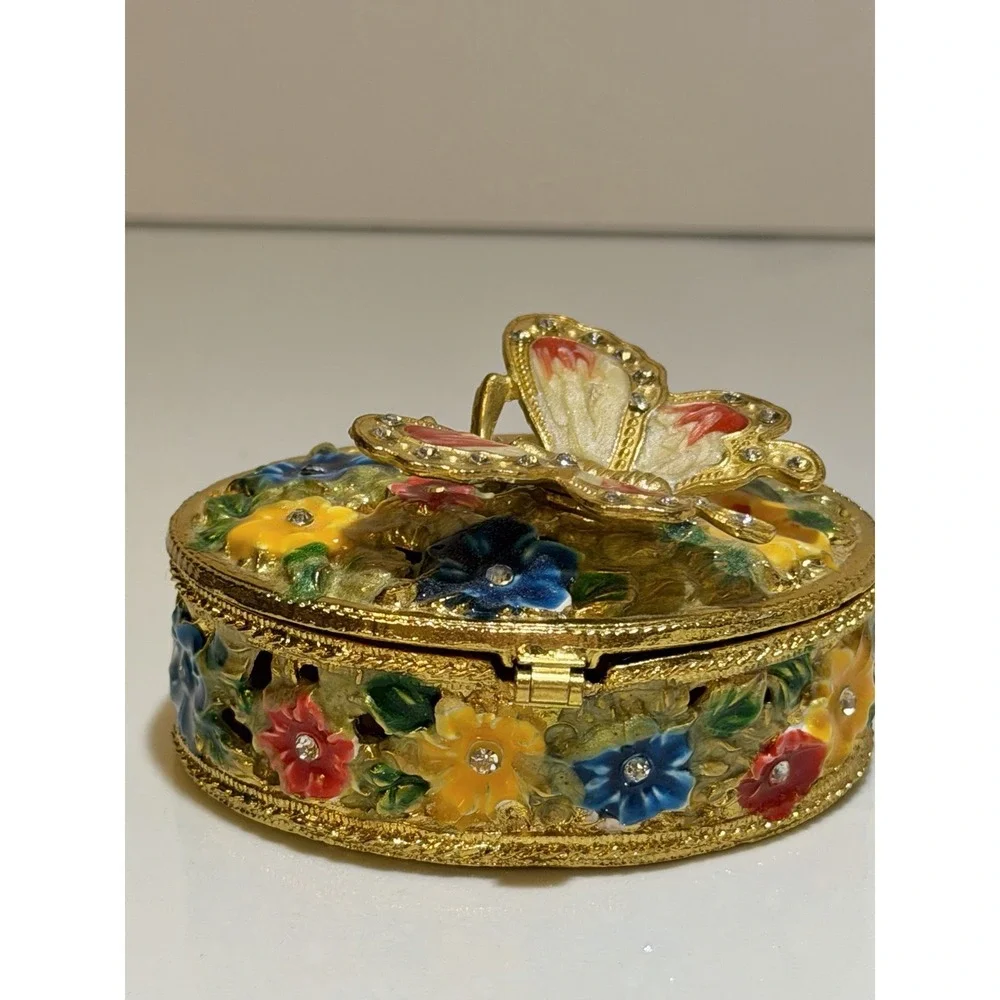 Butterfly & Flowers Trinket Box Gold Jewely Small Magnetic Closure